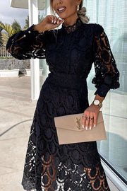 Romantic, Sensual and Elegant Crochet Lace Lantern Sleeve Party Midi Dress