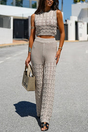 Solid Color Hollow Sleeveless Round Neck Knitted Vest and Stretch Casual Straight Pants Set