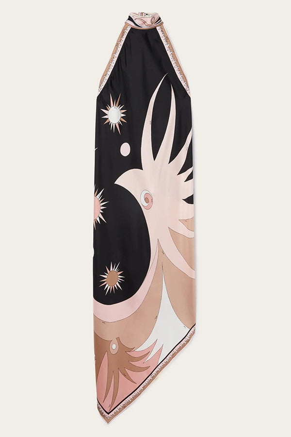 Satin Unique Print Halter Neck Backless Irregular Vacation Midi Dress