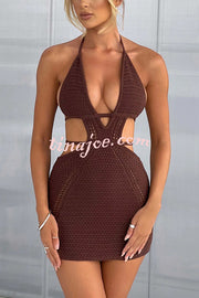 Effortlessly Cool and Sexy Knit Crochet Cutout Halter Tie-up Stretch Mini Dress