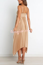 Solid Color Sexy Suspender Pleated Irregular Midi Dress