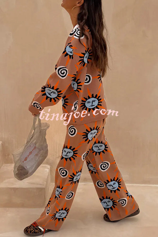 Mediterranean Art Knit Unique Sun Vortex Print Long Sleeve Relaxed Sweater