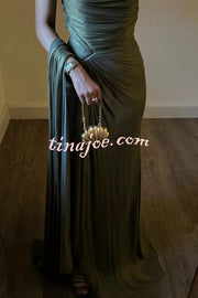 Fashion One-shoulder Pleated Ribbon Slim Slit Maxi Dress