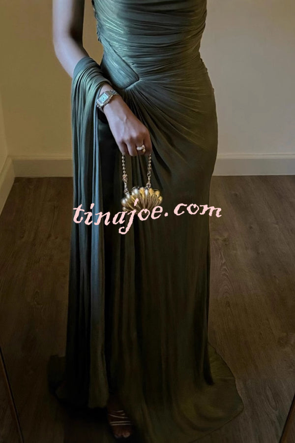 Fashion One-shoulder Pleated Ribbon Slim Slit Maxi Dress