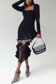 Secret of Night Square Collar Bias Cut Ruffles Lace Patchwork Midi Dress