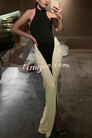 Fashionable Contrast Color Open Back Side Pleated Draped Maxi Dress