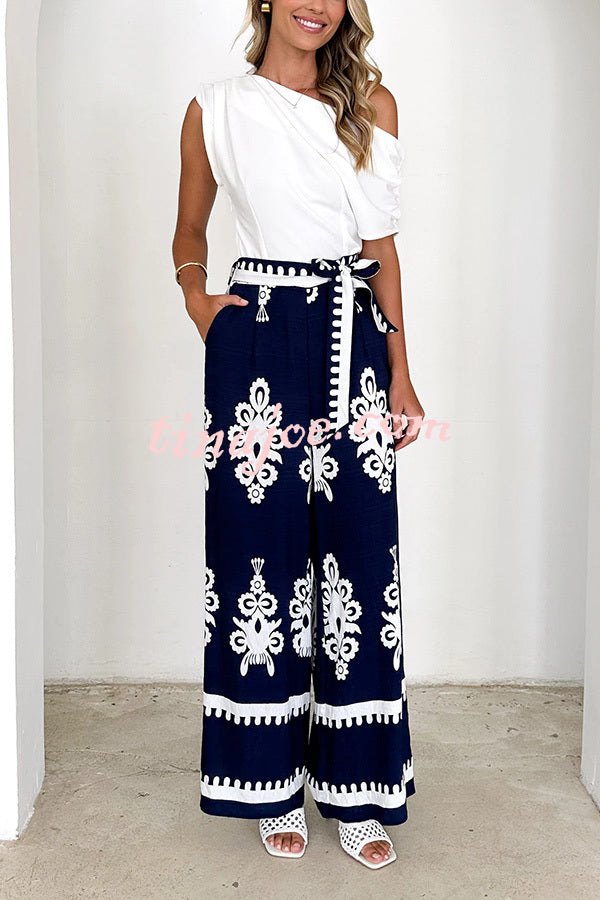 Unique Ethnic Print Belted Casual Pocket Wide Leg Pants