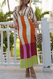 Kaya Linen Blend Color Block Print Front Cutout Knot Puff Sleeve Maxi Dress