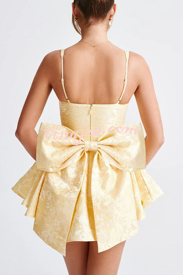 Jacquard Fabric Halter Back Elegant Bow Slim Fit Mini Dress