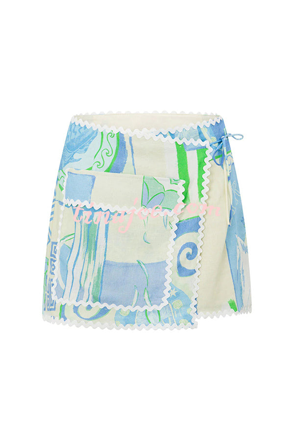 Pierre Linen Blend Ric Rac Trims Unique Print Short Sleeve Shirt and Wrap Tie-up Mini Skirt Set