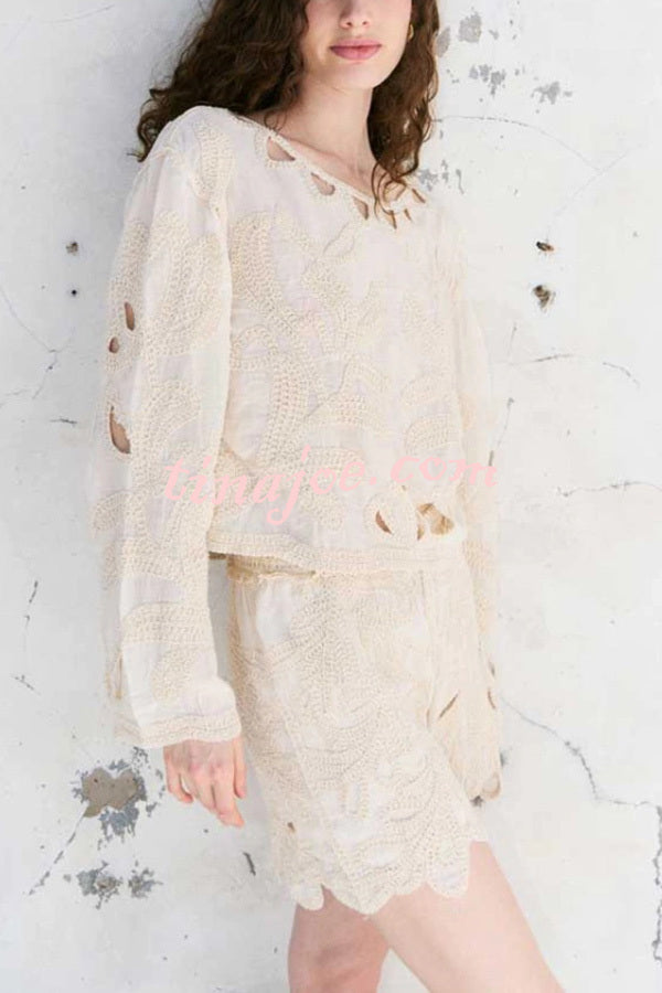 Fashionable Round Neck Long Sleeve Hollow Embroidered Top and Elastic Waist Loose Shorts Set