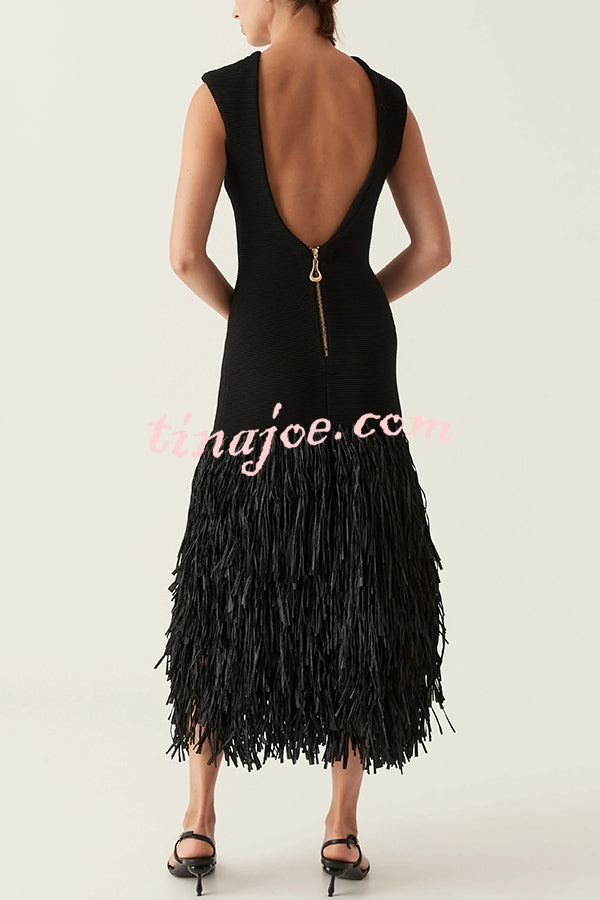 Christie Ribbed Patchwork Tiered Fringed Hem Zipper Backless Maxi Dress