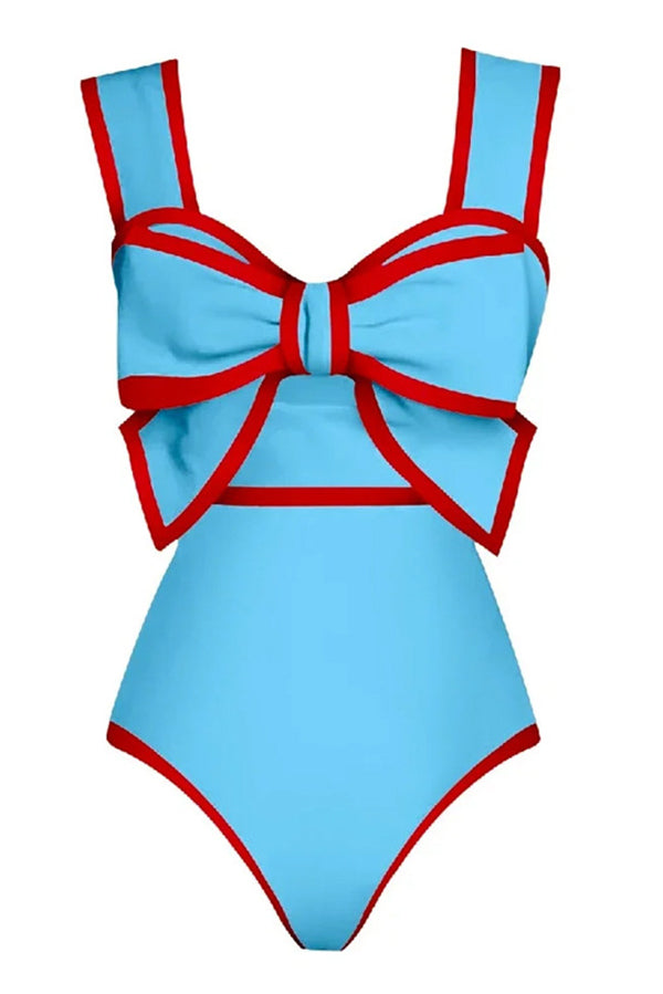 Bow Swimsuit and Elastic Waist Spotted One Piece Swimsuit + Skirt