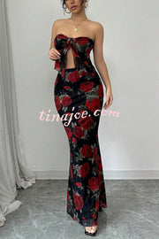 Floral Print Sexy Bandeau Lace-up Top and Slim Mesh Stretch Maxi Skirt Set