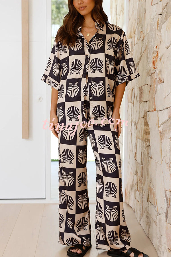 Freedom Forever Unique Print Short Sleeve Loose Shirt and Elastic Waist Pants Set