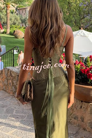 In A Fairytale Lace Satin Mid Rise Drape Maxi Skirt