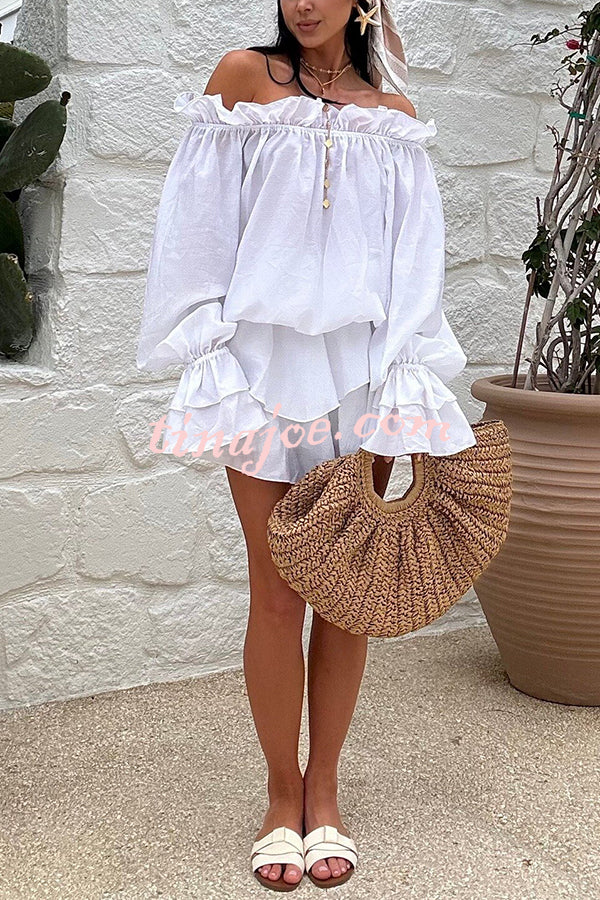 Arnell Linen Blend Off Shoulder Balloon Sleeve Shirt and Elastic Waist Layered Shorts Set