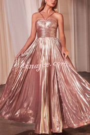 Make A Toast Metallic Fabric Cross Neck Cutout Slit Pleated Maxi Dress