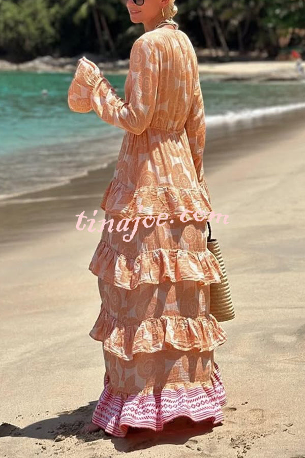 Soleil Conch Print Drawstring Waist Tiered Ruffles Cover-up Maxi Dress