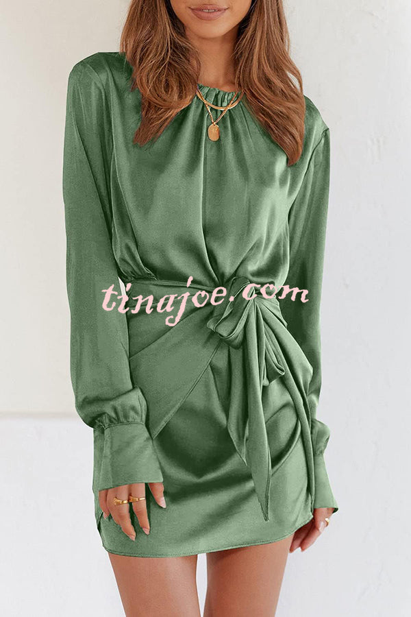 Satin Round Neck Long Sleeve Elastic Tie Mini Dress