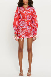 Linen Blend Botanical Print Lapel Puff Sleeve Loose Tie Casual Rompers