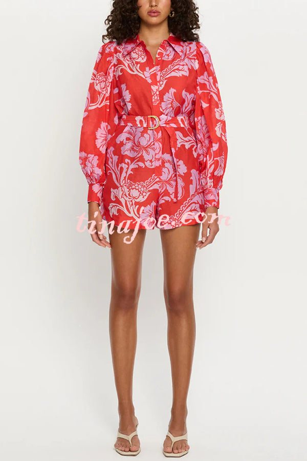 Linen Blend Botanical Print Lapel Puff Sleeve Loose Tie Casual Rompers
