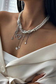 Elegant Pearl Beaded Tassel Heart Chain Necklace