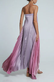 Gorgeous Styling Satin Pleated Elastic Bust Strapless A-line Gown Maxi Dress