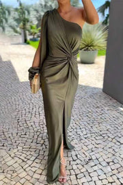 Country Party Charm Satin One Shoulder Twist Detail Slit Maxi Dress