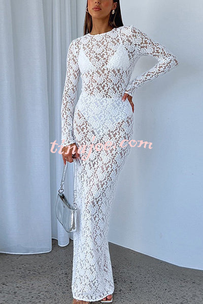 Solid Color Round Neck Long Sleeve Sexy Lace Slim Fit Cover-up Maxi Dress