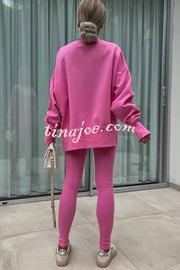 Solid Color Loose Long Sleeve SlitSweatshirt and Elastic Waist Tight Pants Set