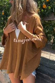 Solid Color V-neck Loose Long-sleeved Button Top