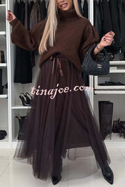 Romantic Winter Tulle Bow Elastic Waist Pleated Maxi Skirt