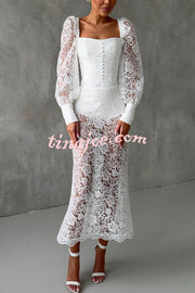 Timeless Moment Floral Lace Square Neck Button Up Balloon Sleeve Top