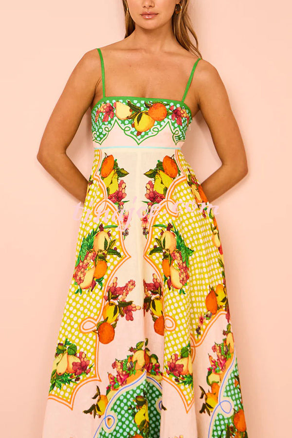 Enjoy Summer Lemon Linen Blend Unique Print Smocked Back Pocket Maxi Dress