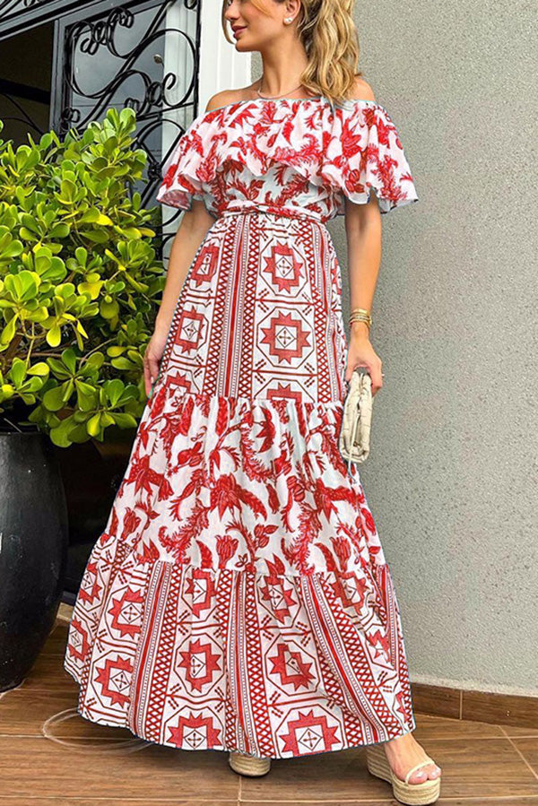 Irene Bohemian Print Off The Shoulder Belted Ruffle Maxi Dress