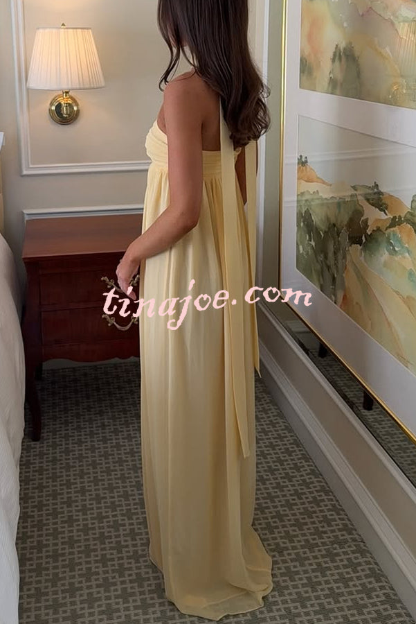 Butter Yellow Ruched Bust Off Shoulder Scarf A-line Maxi Dress