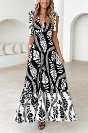 Unique Printed V-neck Sleeveless Lace-up Waist Maxi Dress