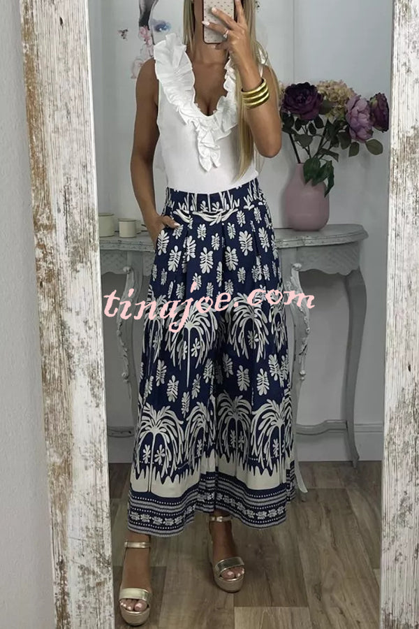 Unique Print Elastic Waist Loose Pocket Holiday Wide Leg Pants