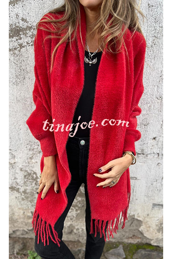 Warm Corner Knit Plush Tassel Trim Relaxed Shawl Cardigan