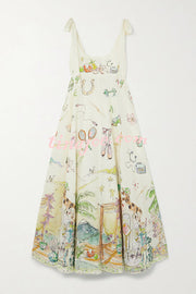 Euro Summer View Linen Blend Unique Print Tie-up Straps Pocket Midi Dress