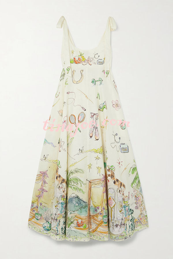 Euro Summer View Linen Blend Unique Print Tie-up Straps Pocket Midi Dress
