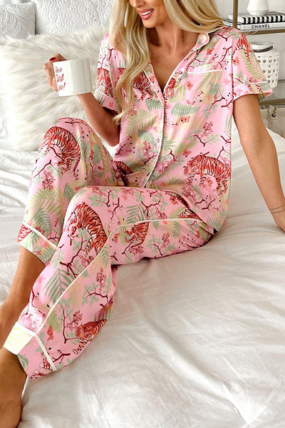 Sleeping Tiger Satin Elastic Waist Pocketed Pajama Pants Set