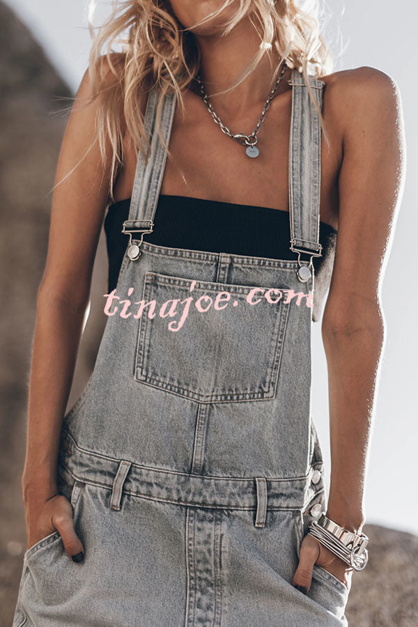 Moneh Denim Adjustable Straps Kangaroo Pocket Wide Leg Jumpsuit