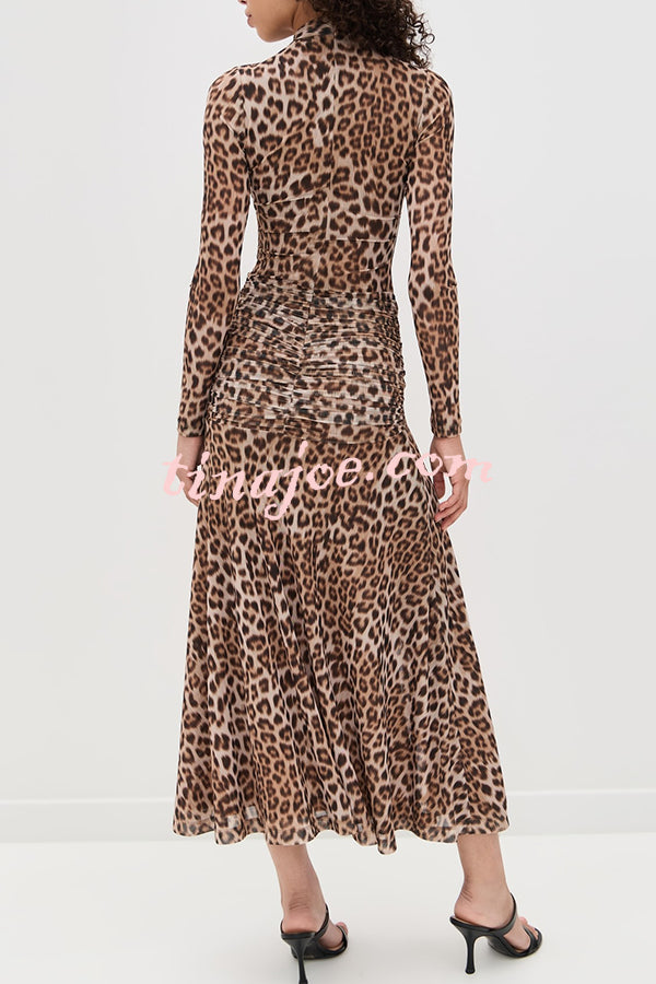 Revina Mesh Leopard Print Mock Neck Gathered Waist Long Sleeve Stretch Midi Dress