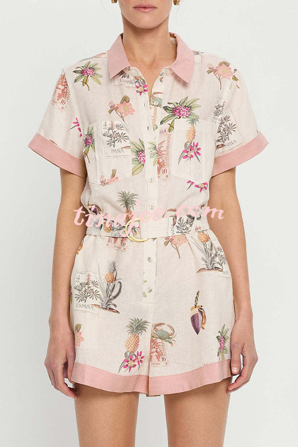 Plant Print Lapel Short Sleeves Loose Pocket Waist Tie Casual Rompers