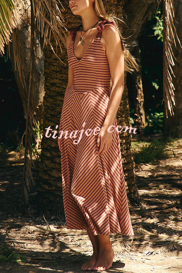 Striped Print V-Neck Lace-Up Backless Holiday Midi Dress