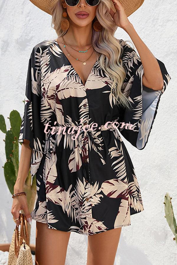 Botanical Print Button Drawstring Waist Dolman Sleeve Loose Romper