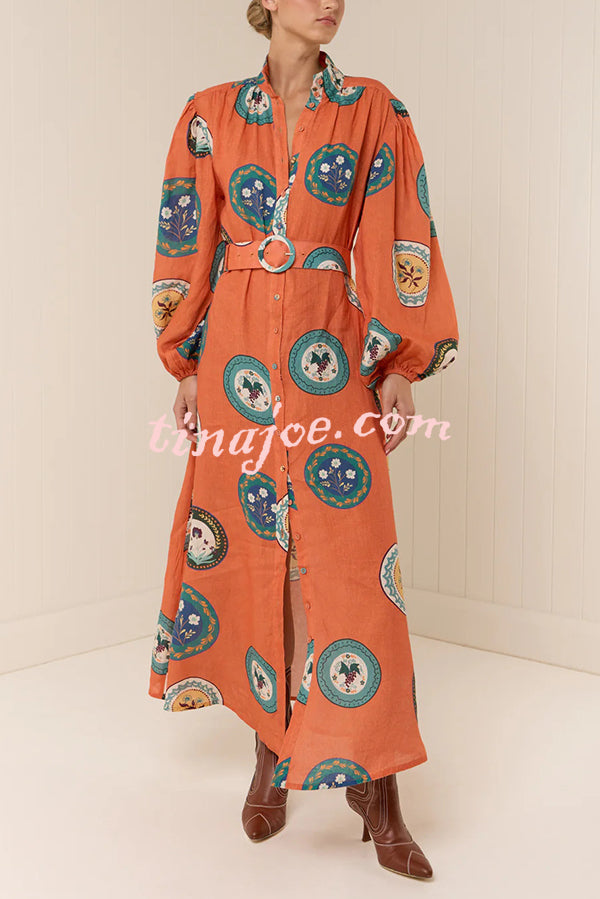 Linen Blend Unique Print Belted Single-breasted Casual Maxi Dress