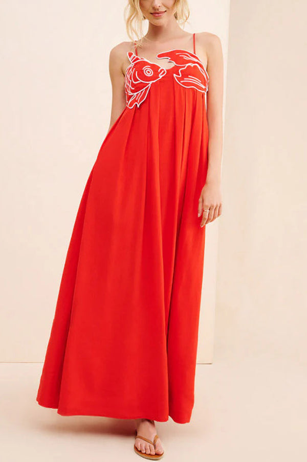 Red Fish Embroidered Sling Backless Maxi Dress